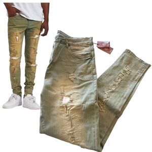 Crysp Denim Jeans Mens Sz 40x34 Fara Distressed Stretch Blue Gold Skinny Fit New